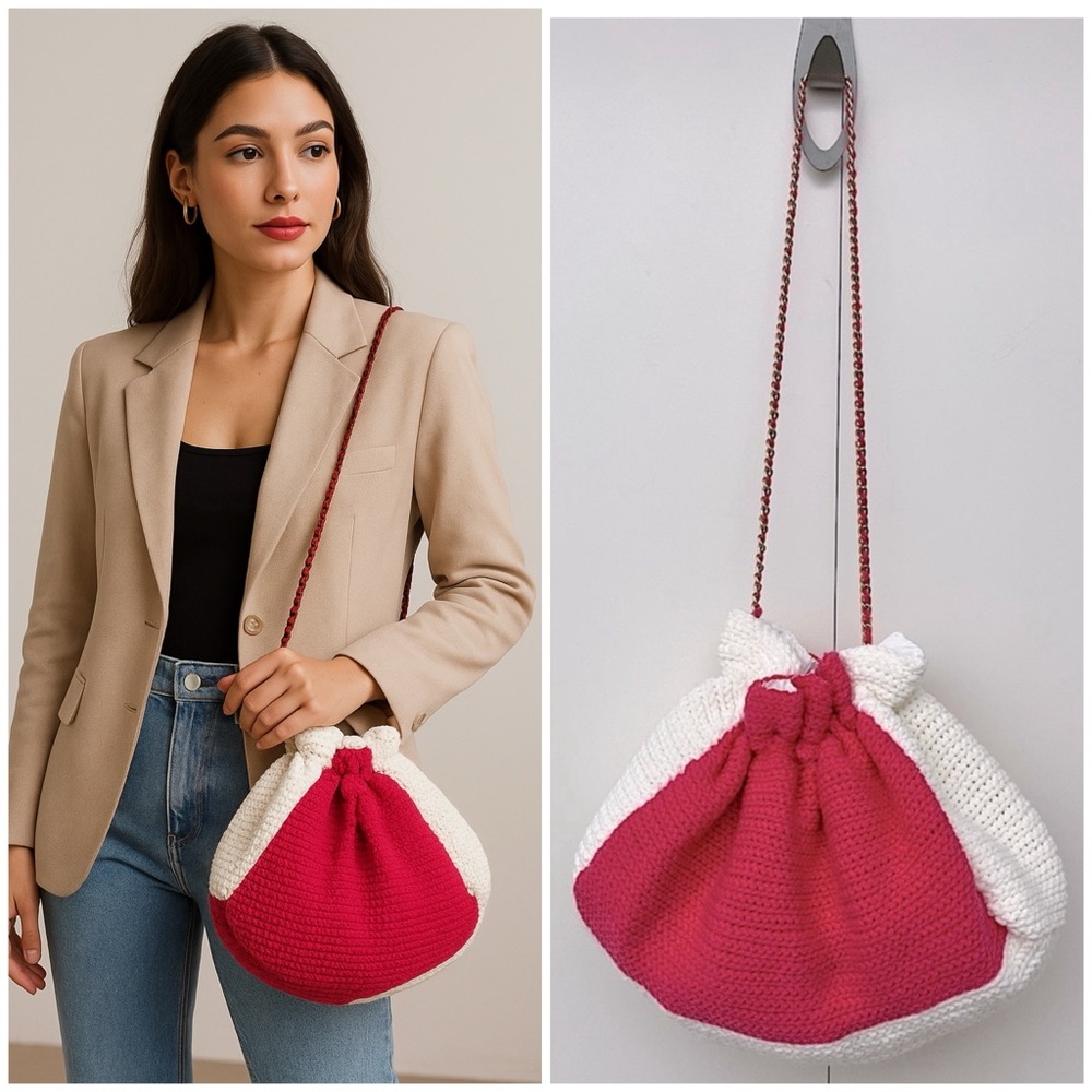 Pink & White Soft Crochet Colorblock Shoulder Bag with Gold Chain